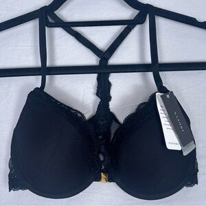 New Natori Bra Black Feathers T Back 32C Push Up Lace Front Closure New With Tag